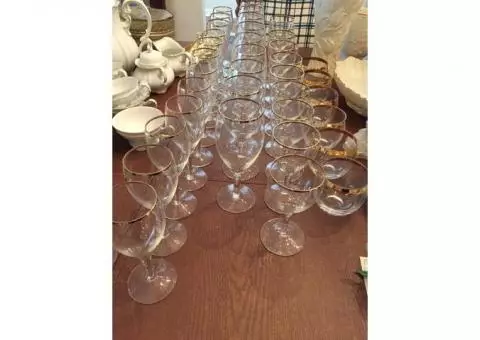Crystal Glassware with Gold Rim - Water Glasses, White Wine Glasses, Red Wine Glasses, Free On-The-R
